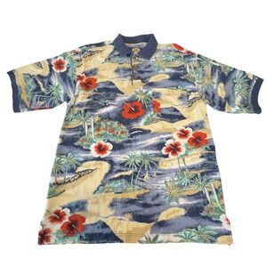 Tommy Bahama Mens M Tropical Hibiscus Palm Tree Cotton Polo Shirt Blue Yellow
